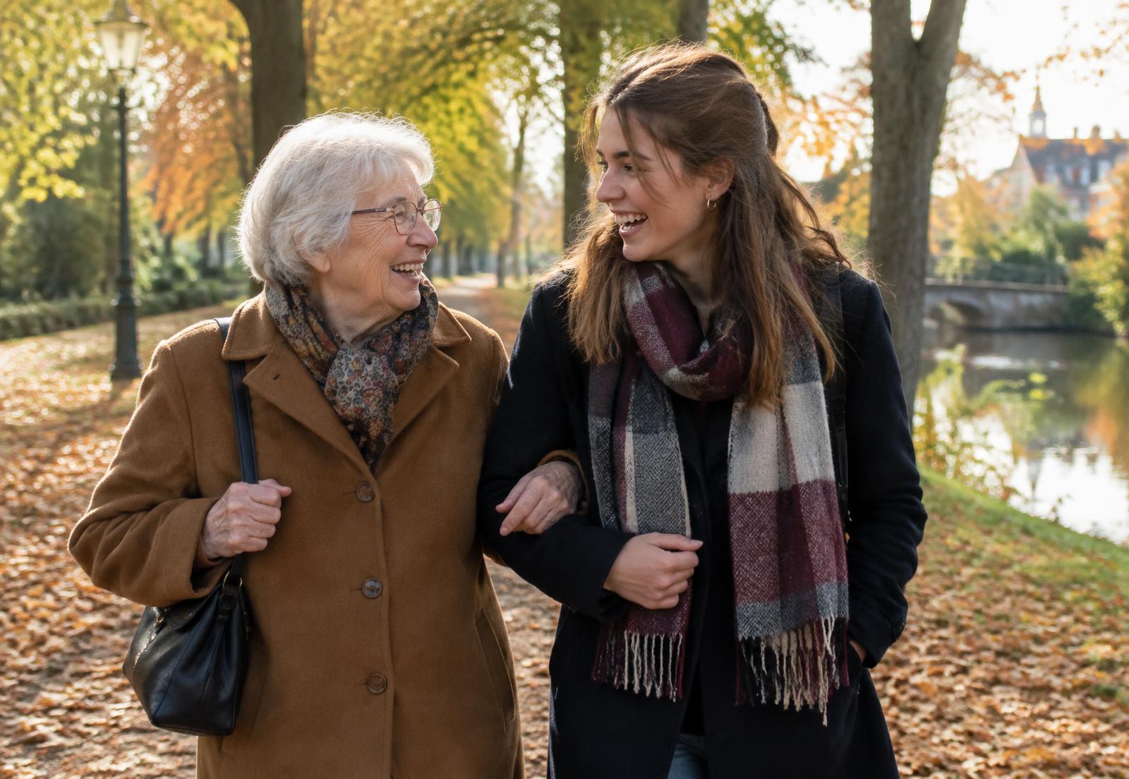 Een oudere vrouw en een jonge vrouw wandelen lachend samen door het park